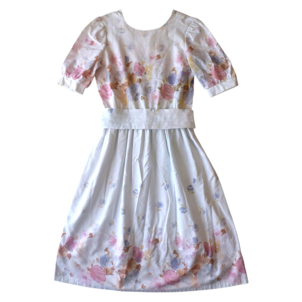 Vintage Pastel Floral Midi Dress Cottagecore Puff Sleeve Size 10